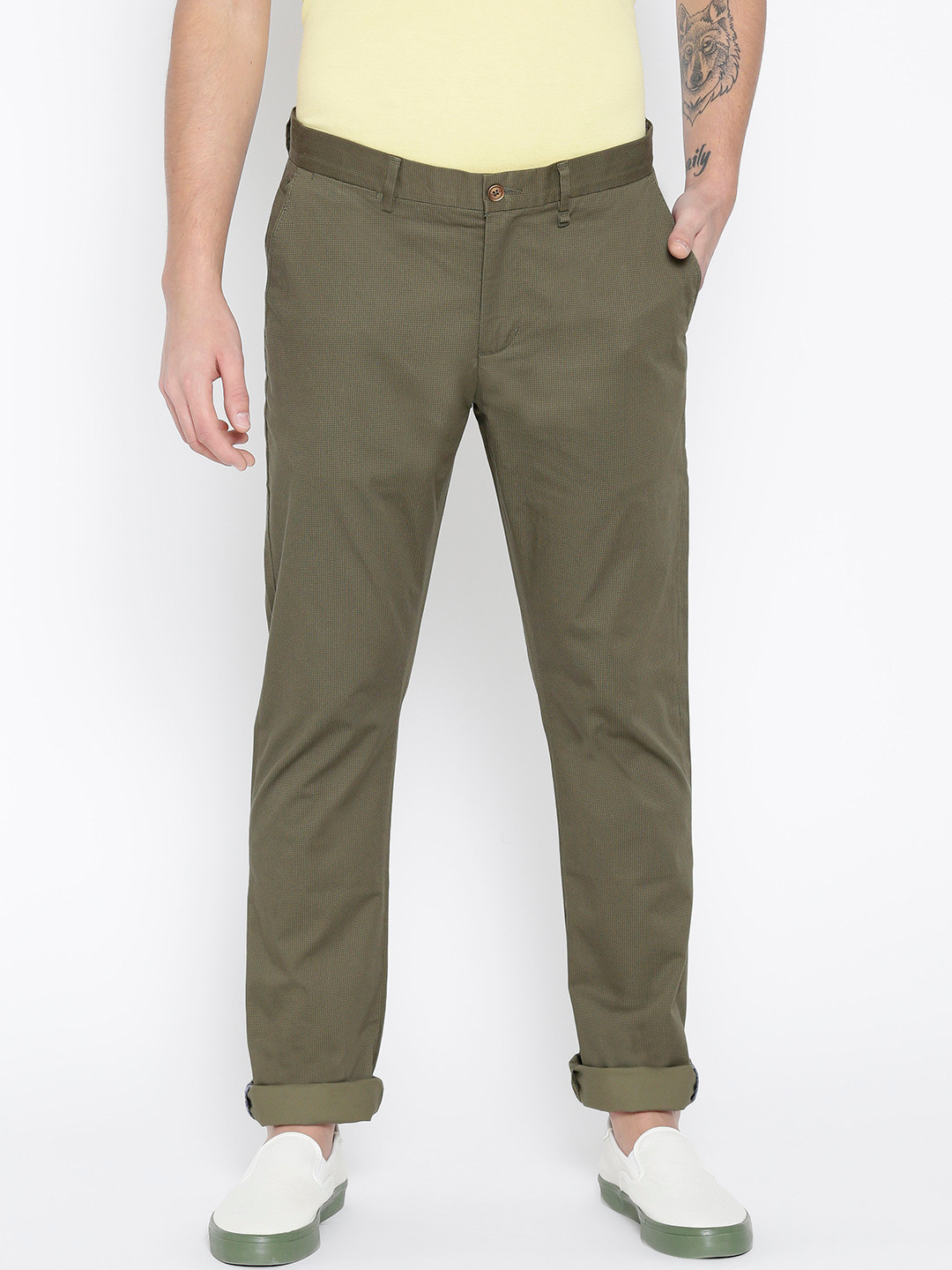 Blackberrys Men Olive Green B-95 Sharp Skinny Fit Printed Regular Trousers