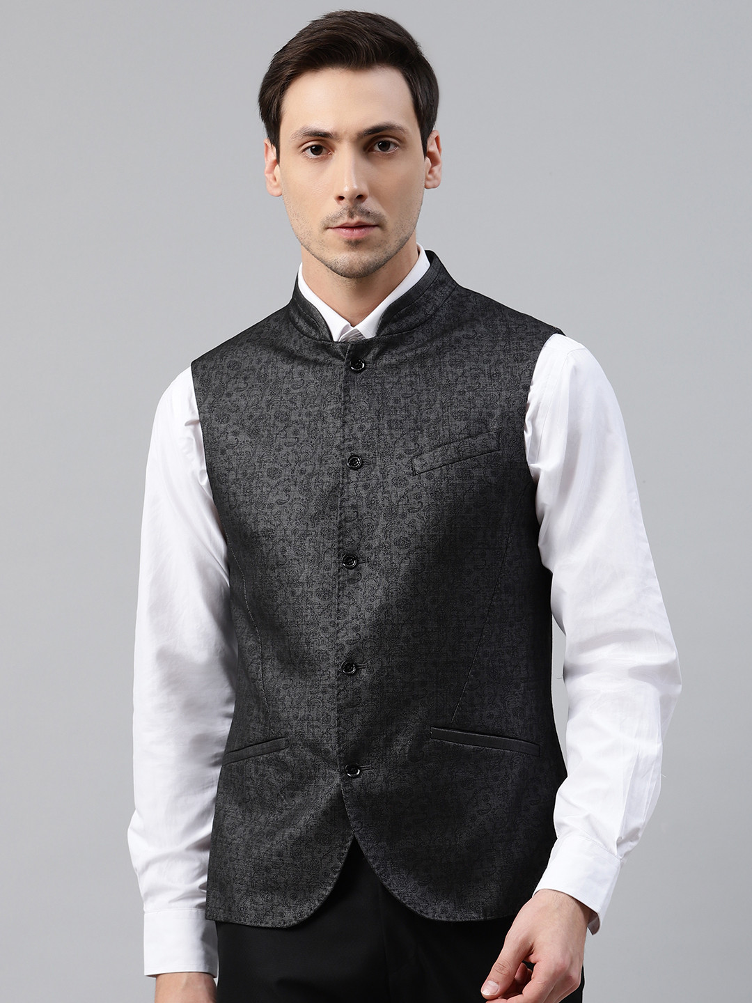 Blackberrys Men Charcoal Grey Slim Fit Ethnic Printed Smart Casual Nehru Jacket
