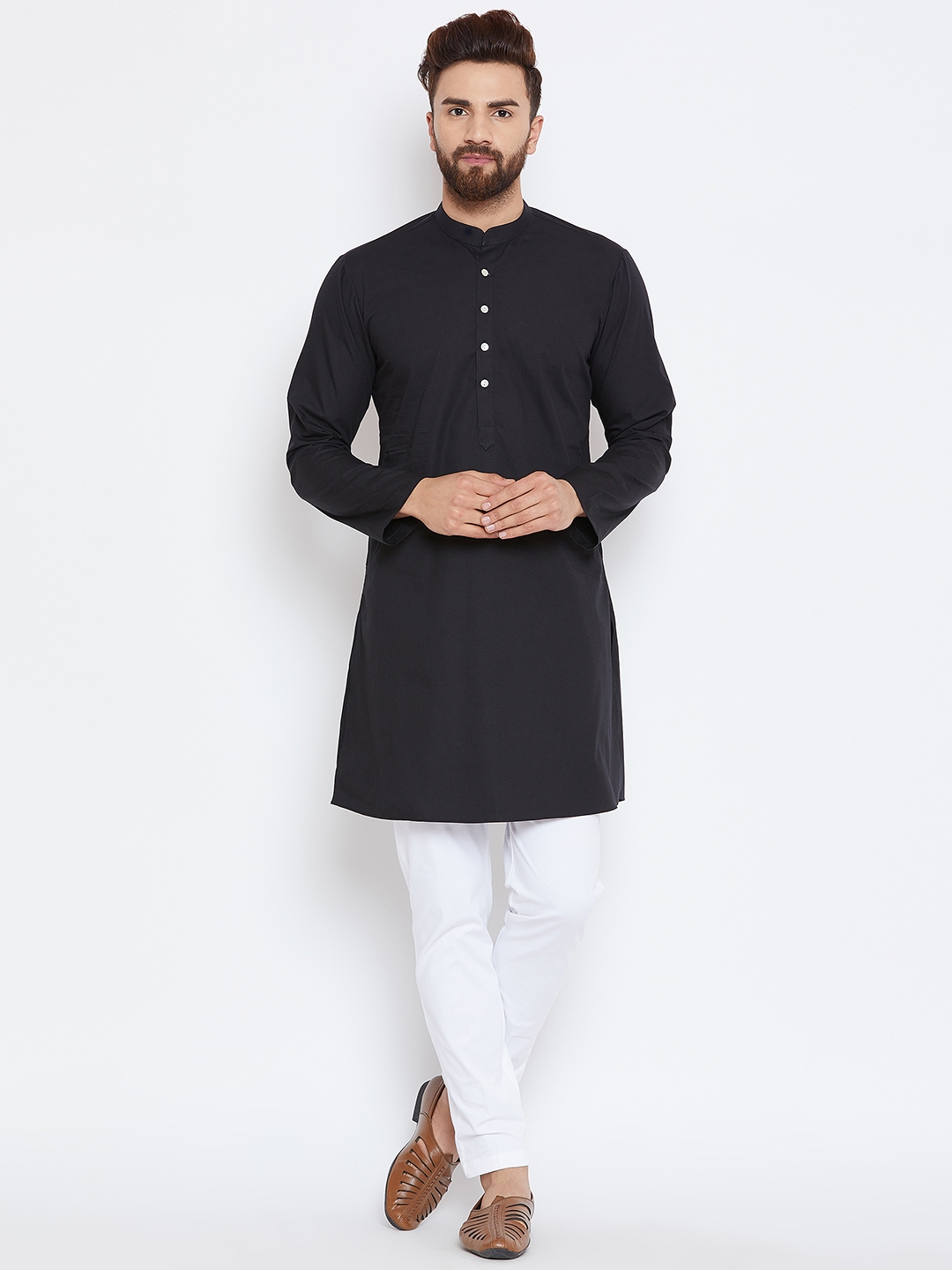 Men Black and White Solid Kurta with Trousers and Nehru Jacket