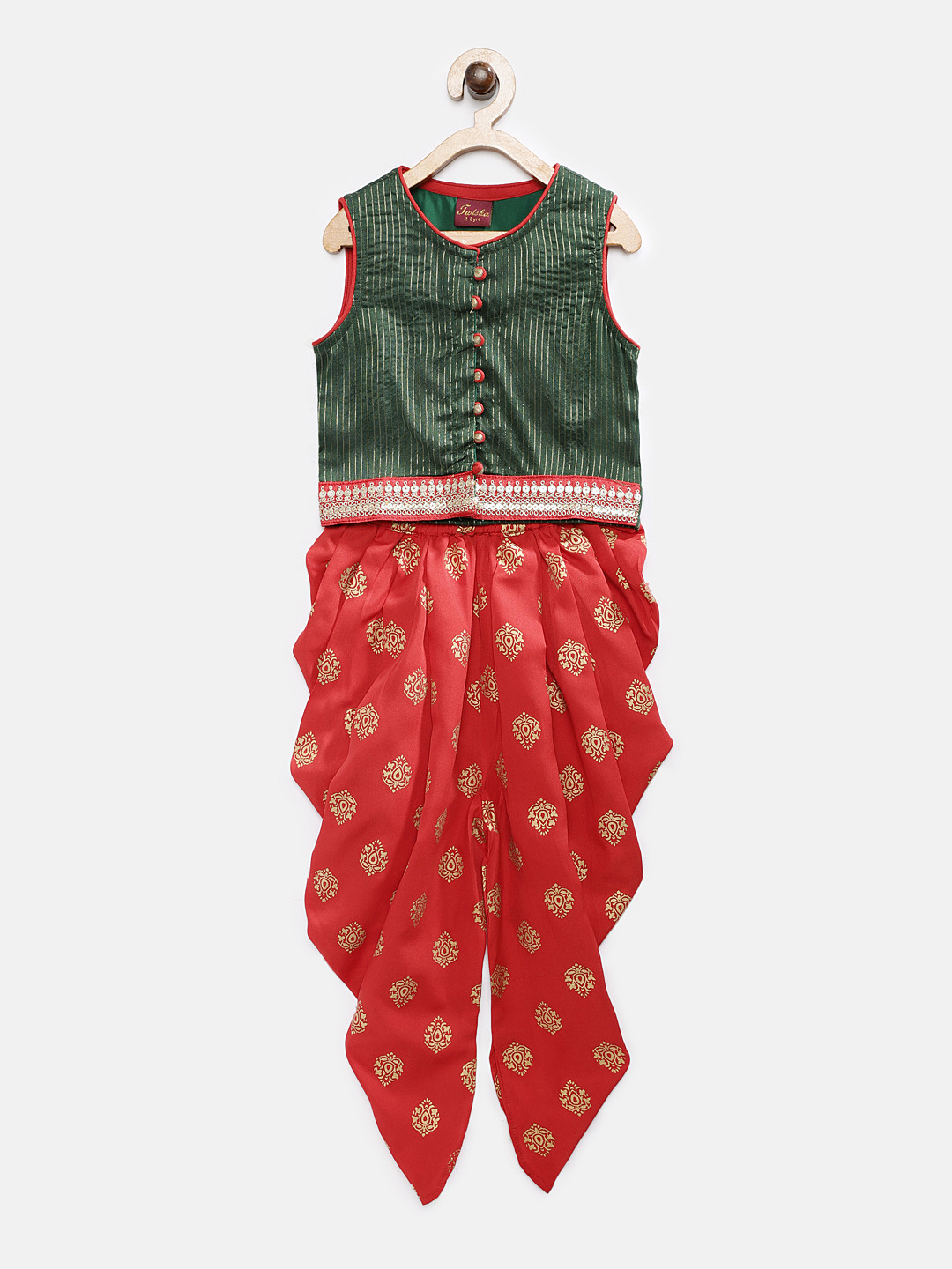Twisha Girls Red & Green Printed Top with Dhoti Pants