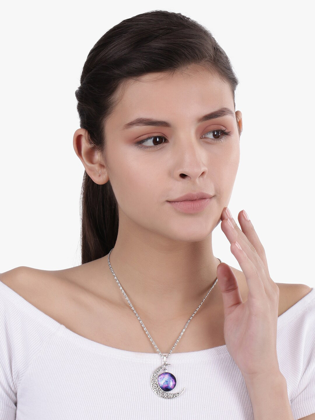 Peora Women Silver-Plated & Purple Glass Galaxy & Crescent Cosmic Moon Pendant With Chain