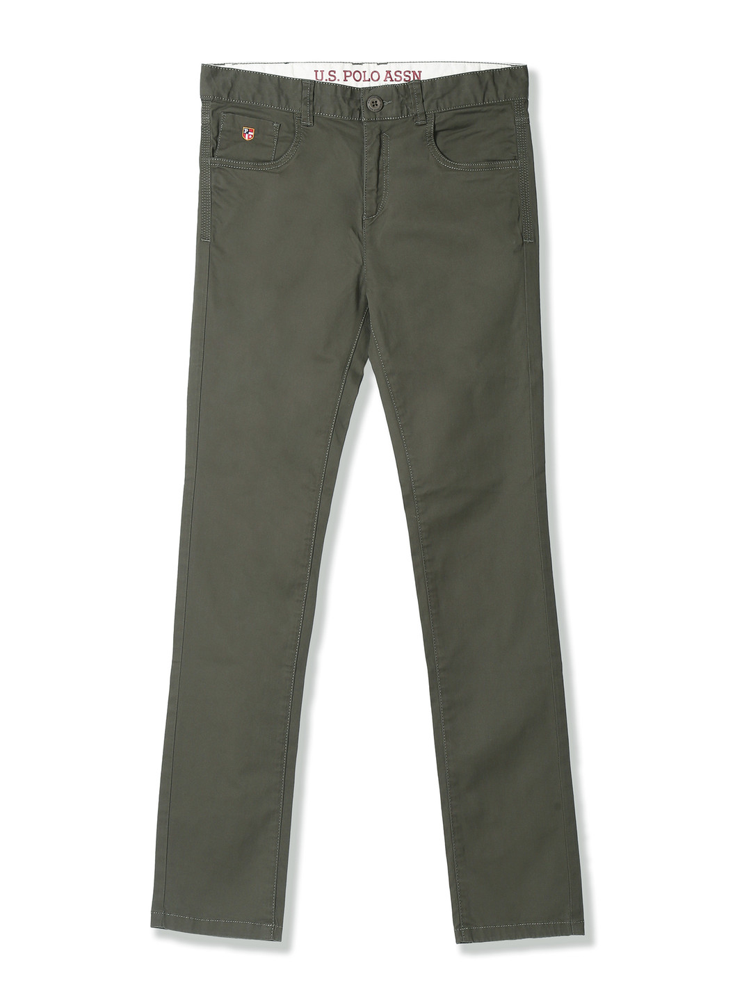 U.S. Polo Assn. Kids Boys Olive Green Regular Fit Solid Chinos