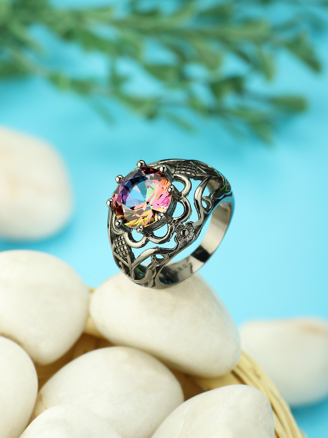 Peora Women Silver -Toned & Pink Topaz Solitaire Ring