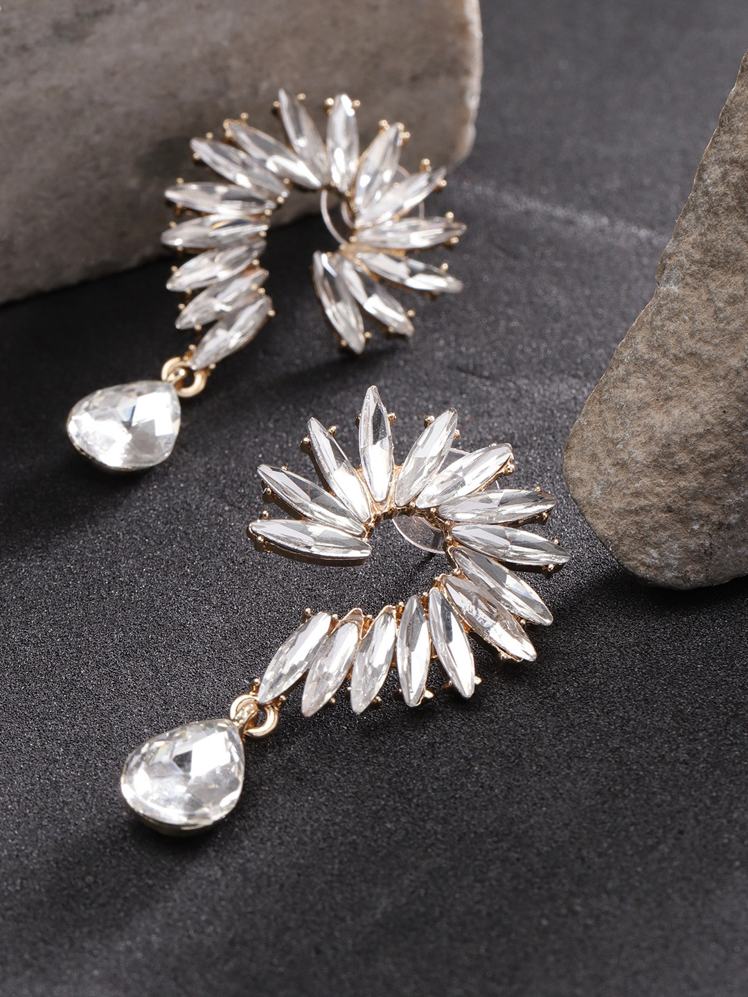YouBella White Gold-Plated Stone-Studded Spiked Drop Earrings