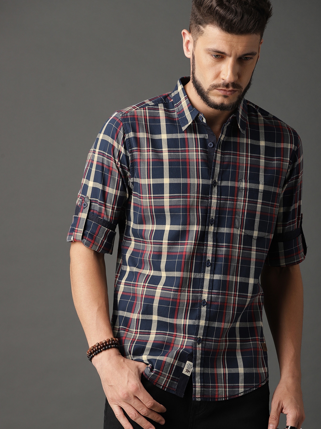 Roadster Men Black & White Checked Pure Cotton Casual Sustainable Shirt