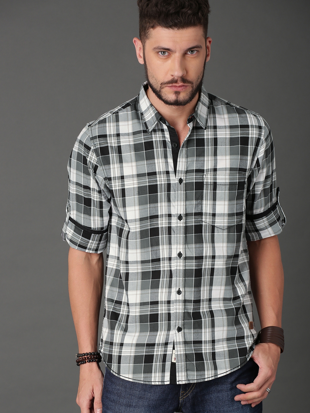 Roadster Men Black & White Checked Pure Cotton Casual Sustainable Shirt