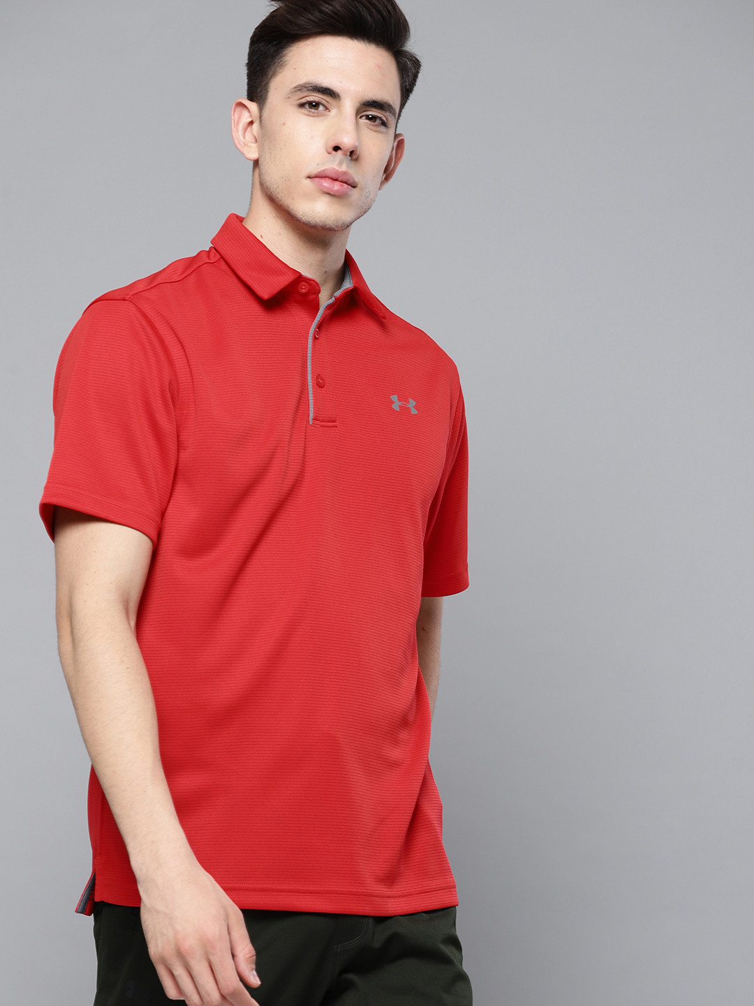UNDER ARMOUR Men Red Self-Striped Tech Polo T-shirt