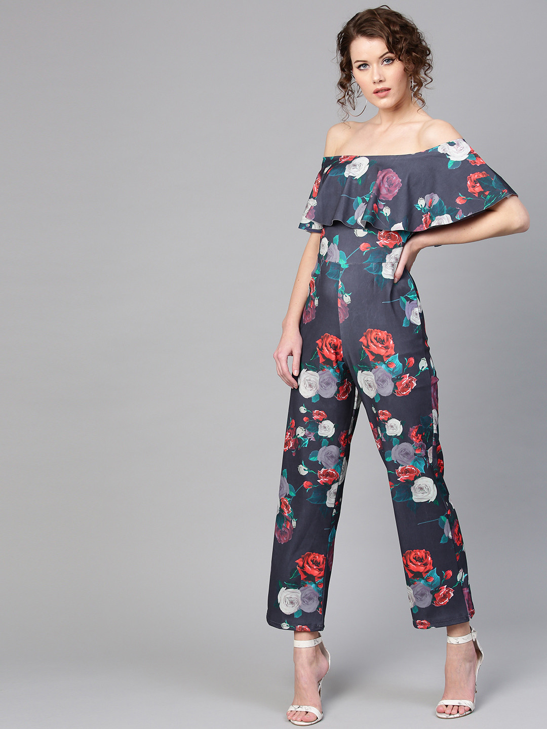 Zima Leto Navy Blue & Red Floral Print Basic Jumpsuit