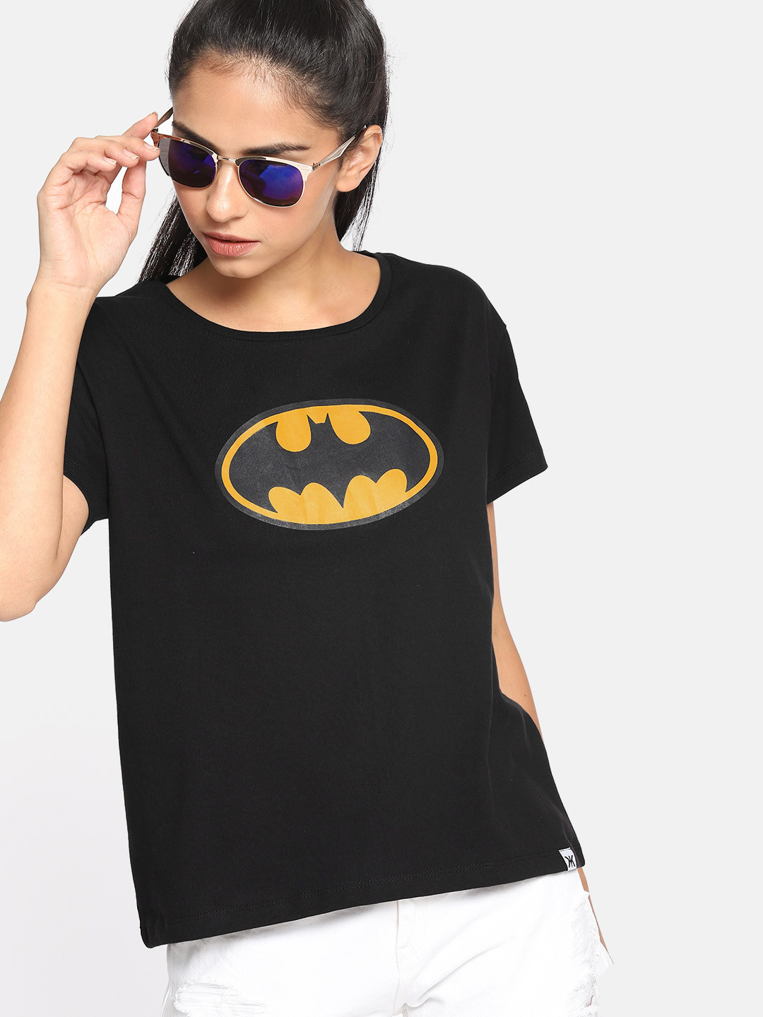 Justice League Women Black Printed Round Neck Batman Pure Cotton T-shirt