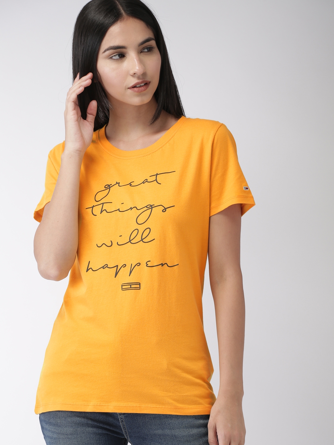 Buy Tommy Hilfiger Women Mustard Yellow Printed Round Neck T Shirt Tshirts for Women 8917939 | Myntra