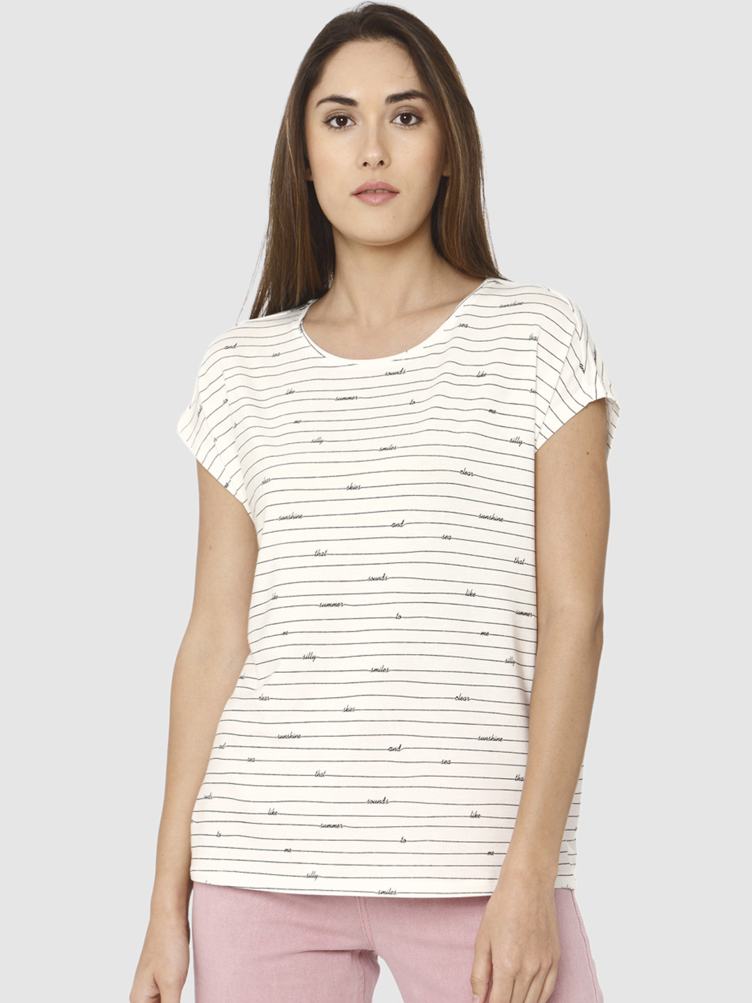 Vero Moda Women White & Black Striped Round Neck T-shirt