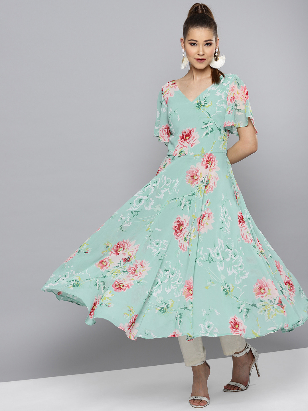 RARE Women Green & Pink Printed A-Line Kurta