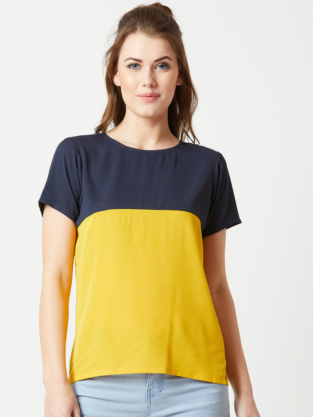 Miss Chase Women Navy Blue and Yellow Colourblocked Top