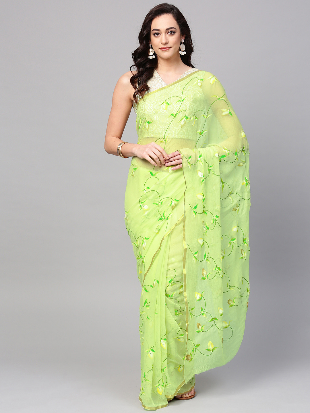 Geroo Jaipur Lime Green Hand Painted Floral Pure Chiffon Sustainable Saree
