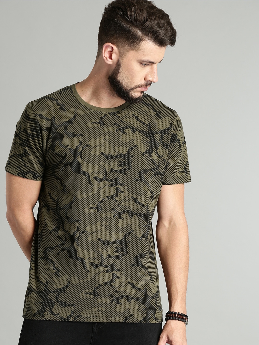 Black Crew-neck T-shirt with Olive Camouflage Shirt Jacket Casual