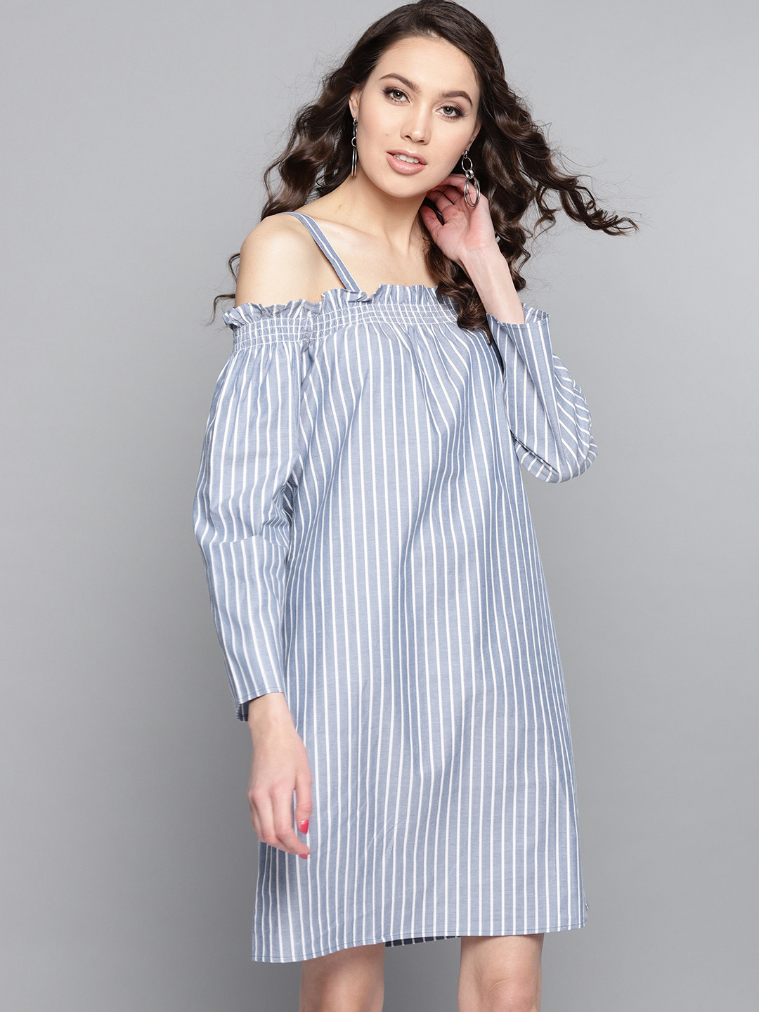 Buy Marie Claire Women Blue White Striped A-Line Bardot Dress