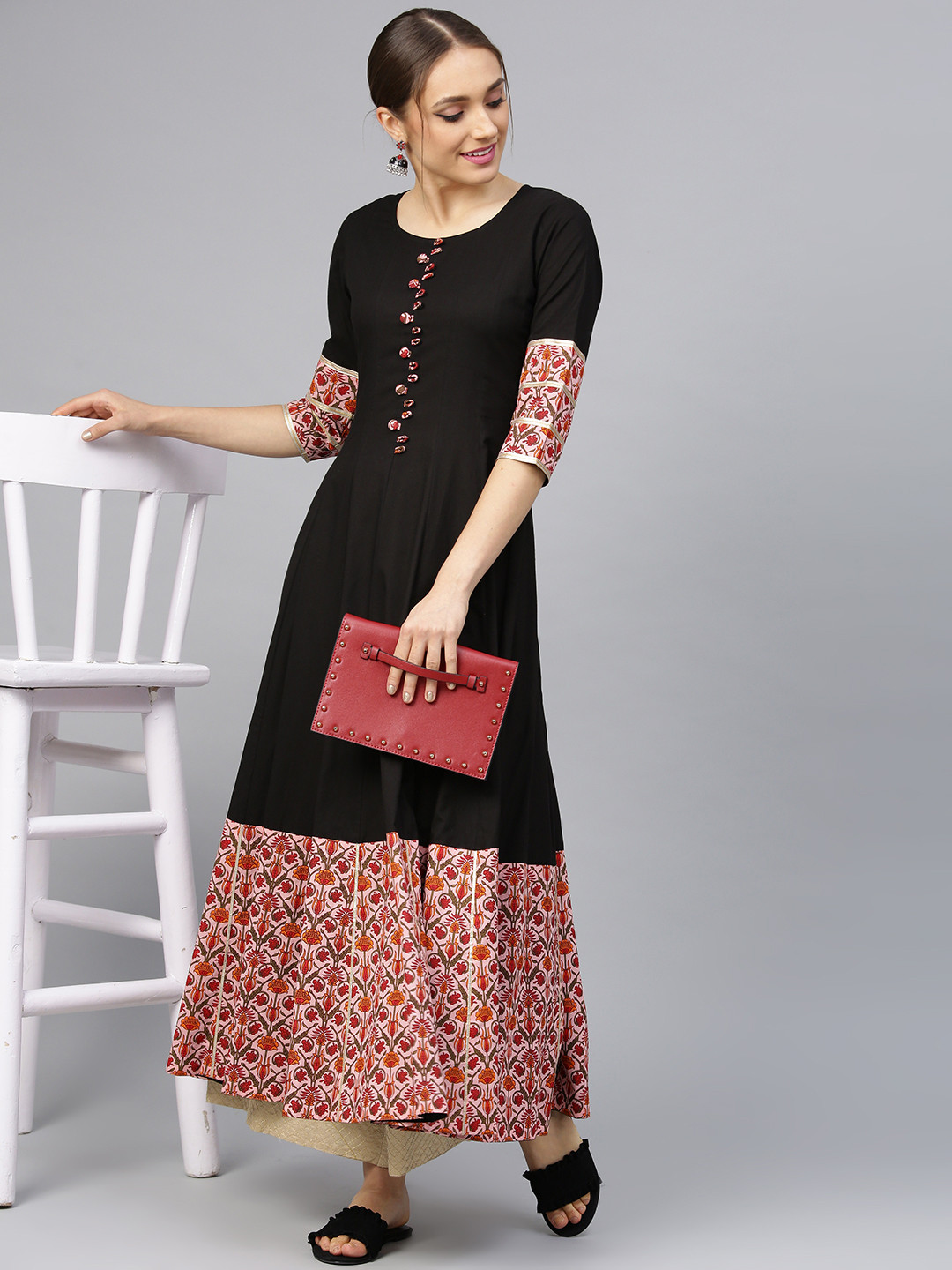 Idalia Women Black & Pink Printed Detail Anarkali Kurta