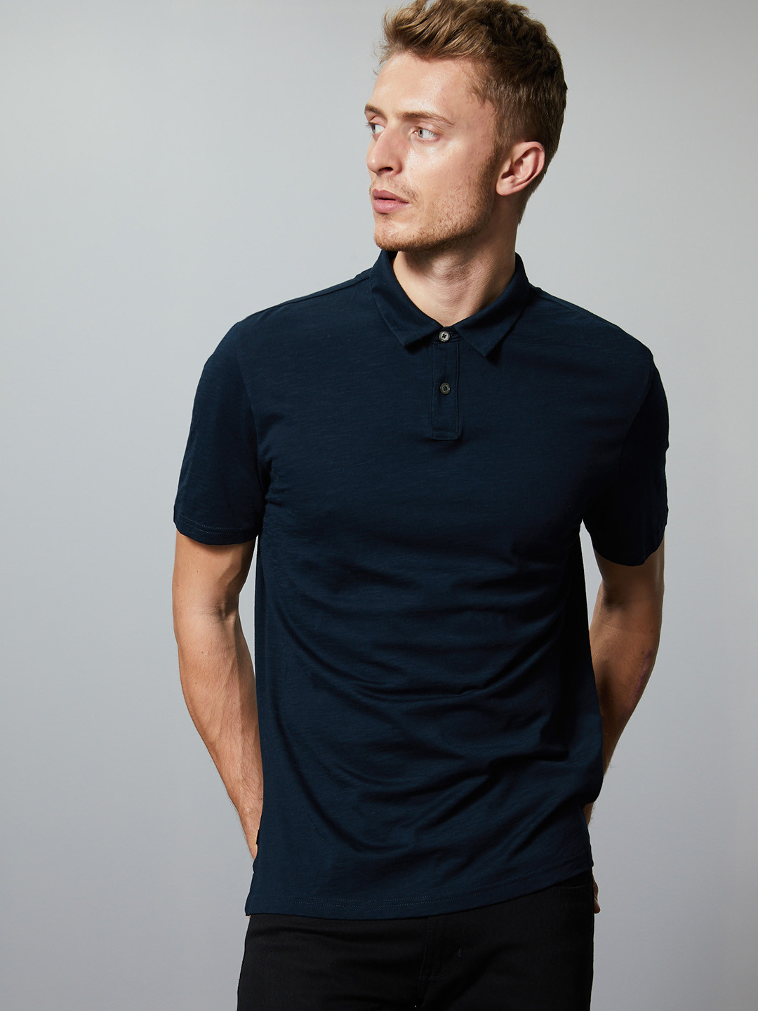 Spencer Men Navy Blue Solid Polo Collar 