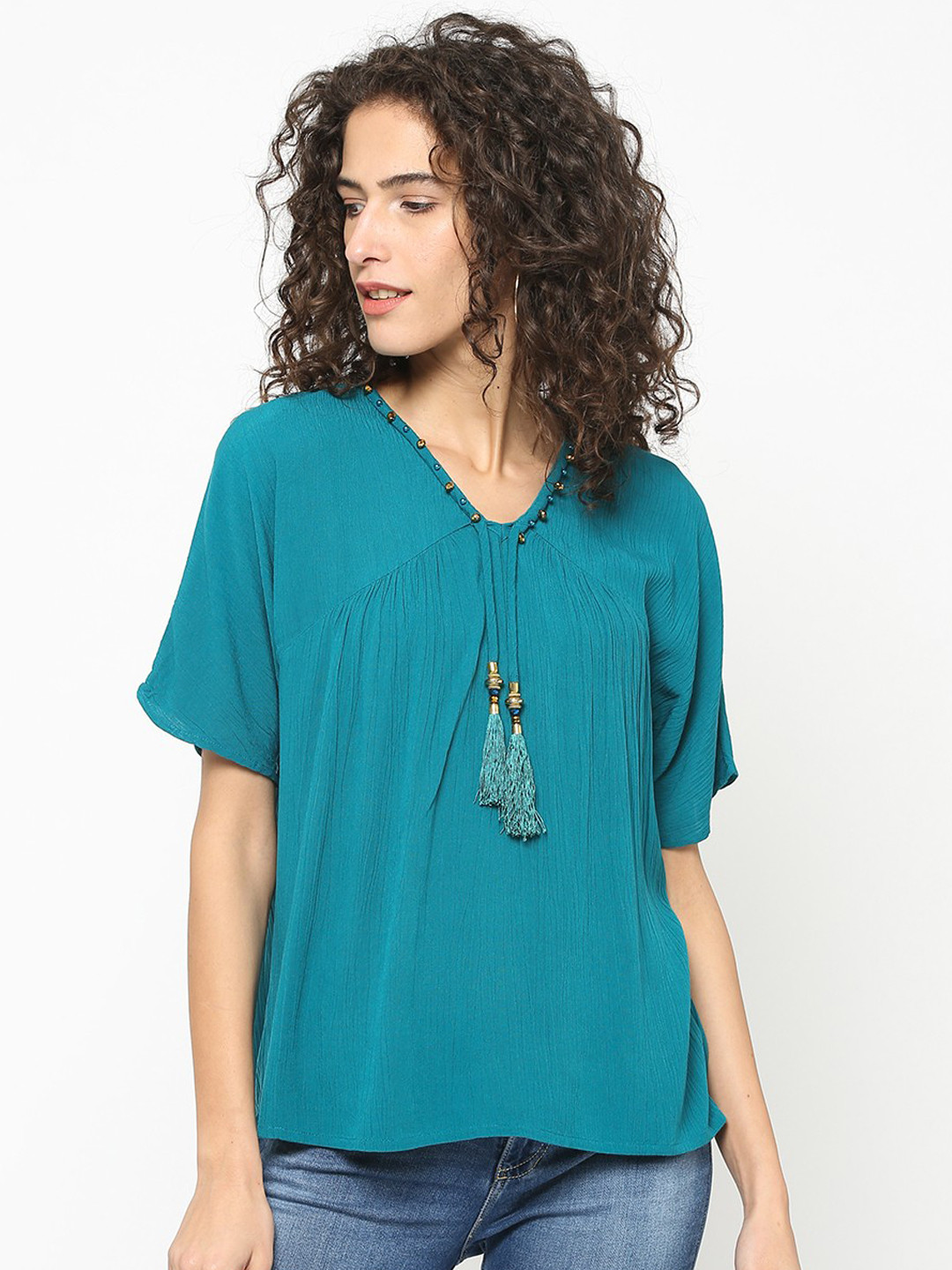 Gipsy Women Teal Blue Solid Top