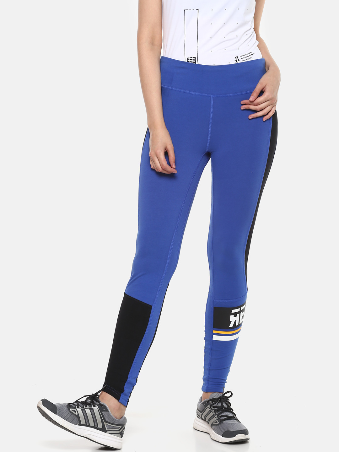 Reebok Women Blue Solid Workout Meet You There Graphic Panel Tights