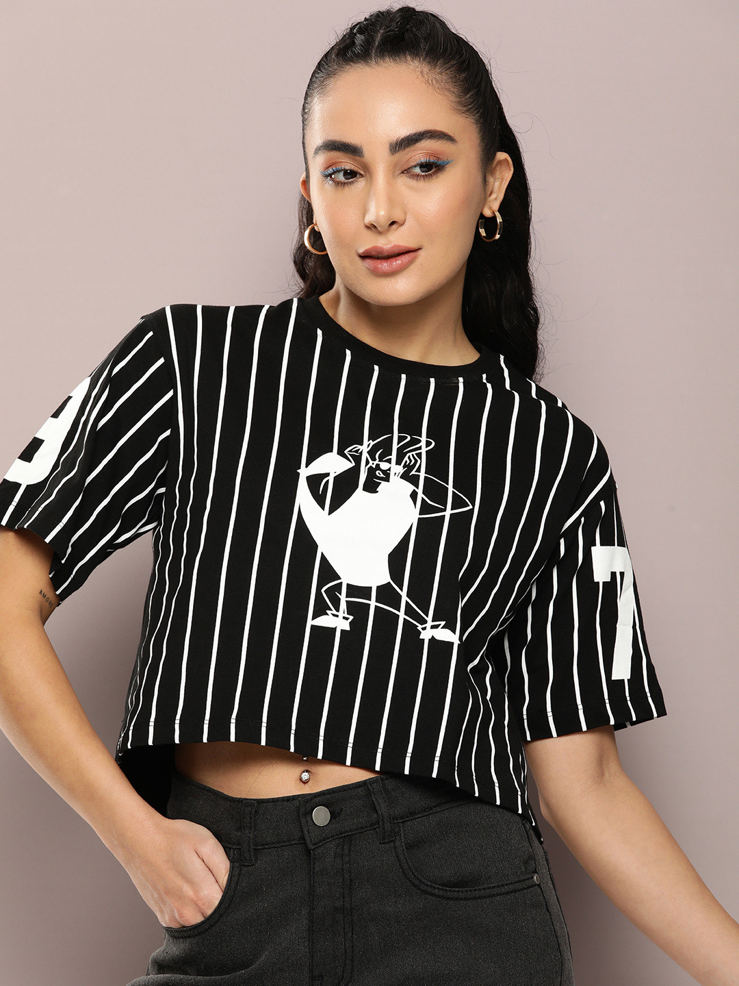 Johnny Bravo by Kook N Keech Striped Drop-Shoulder Pure Cotton Crop T-shirt