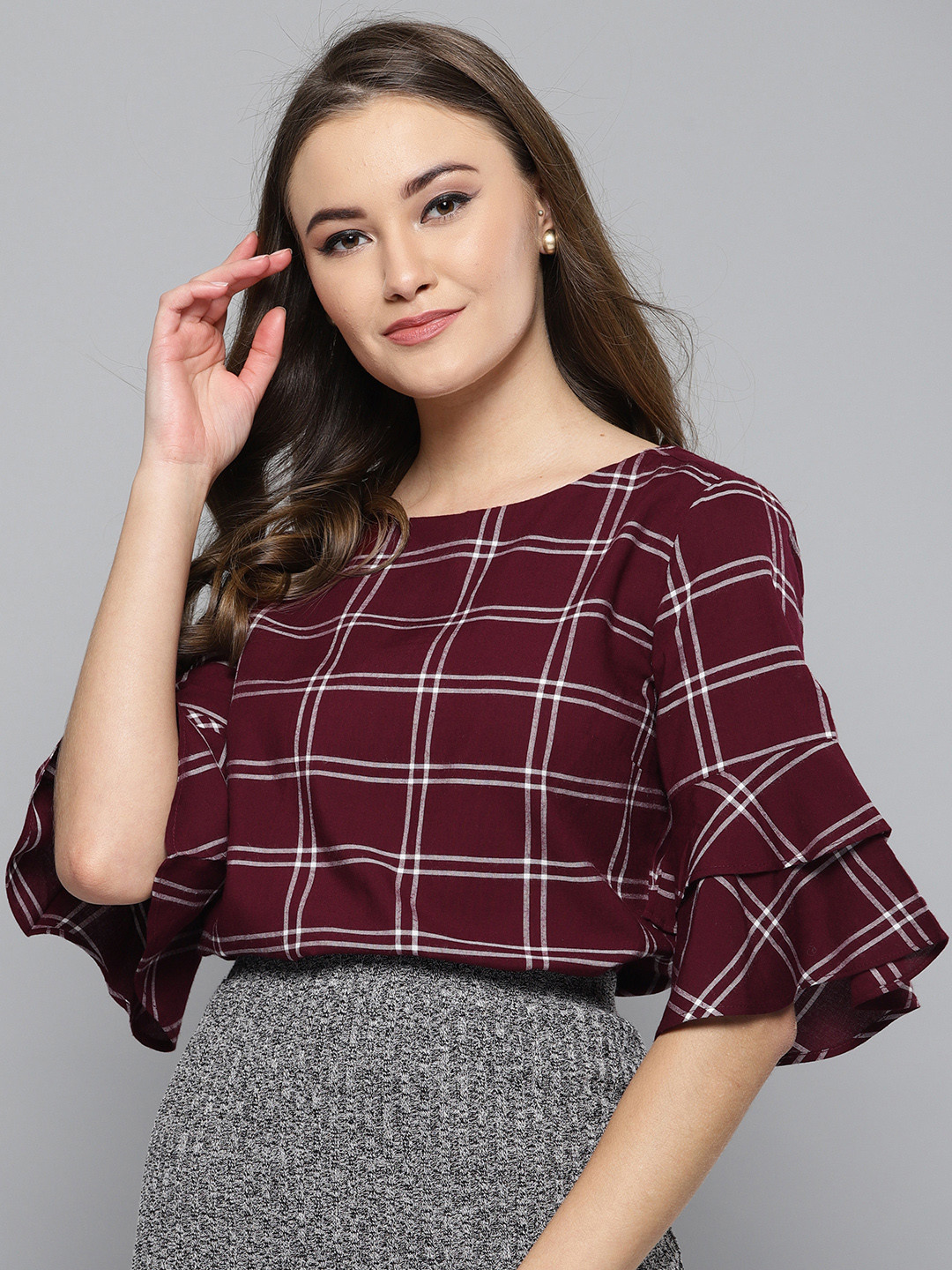Harpa Women Aubergine Checked Styled Back Pure Cotton Top