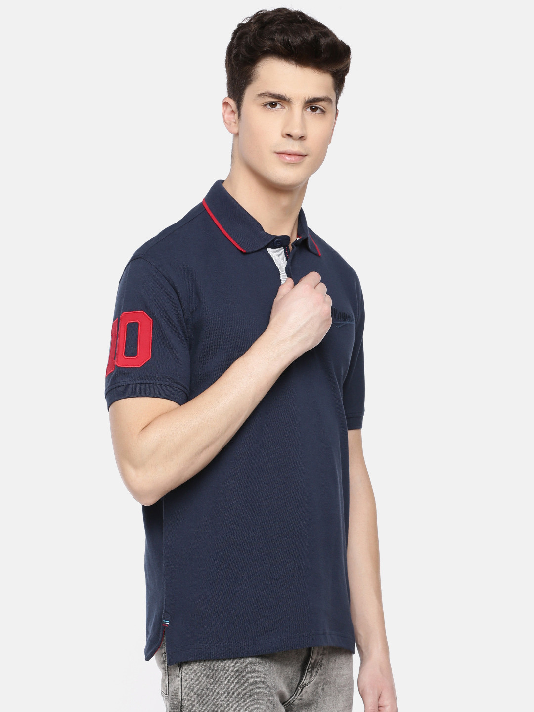 John Players Men Navy Blue Slim Fit Solid Polo Collar Pure Cotton T-shirt