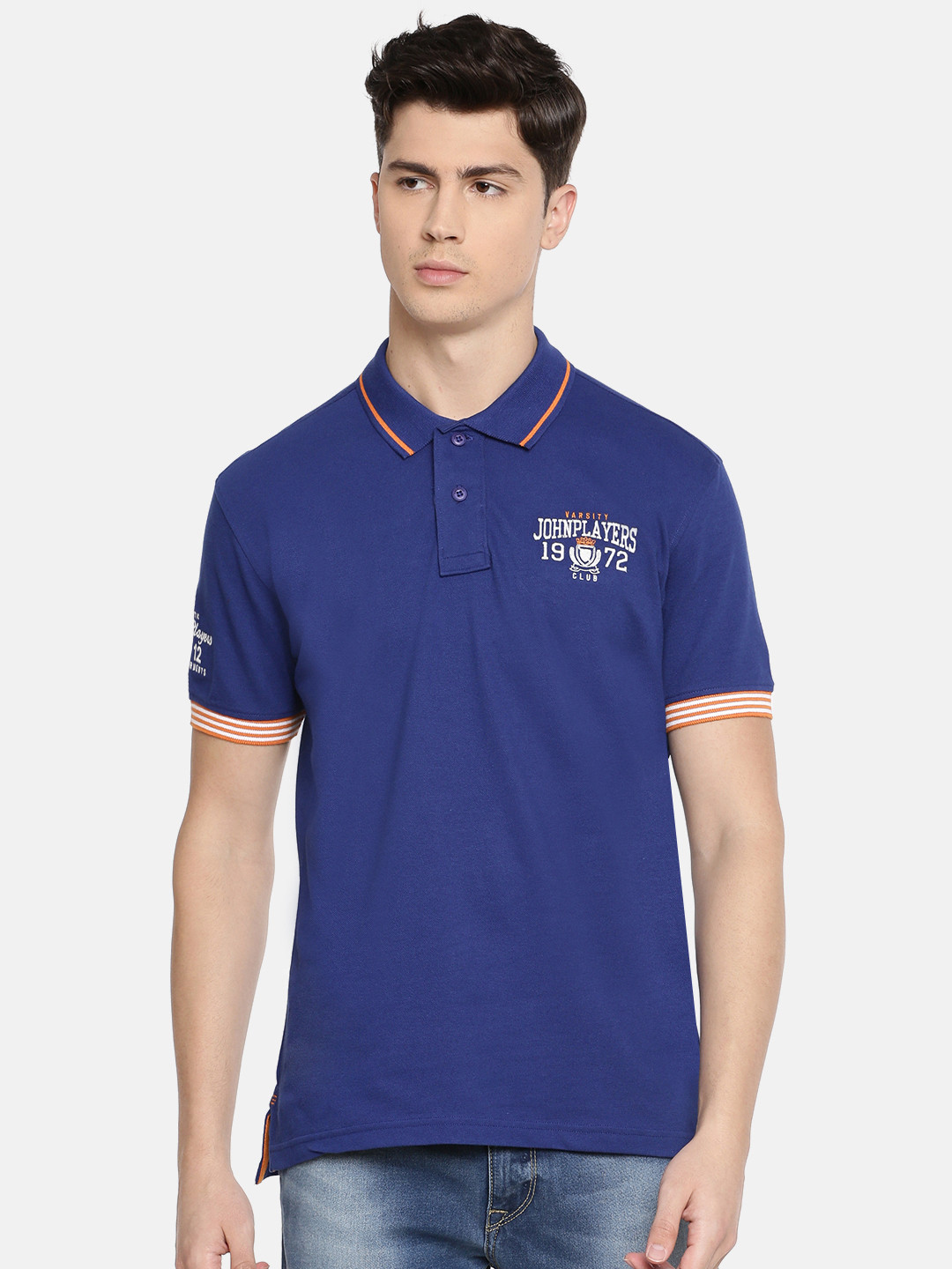 John Players Men Blue Solid Polo Collar Slim Fit T-shirt