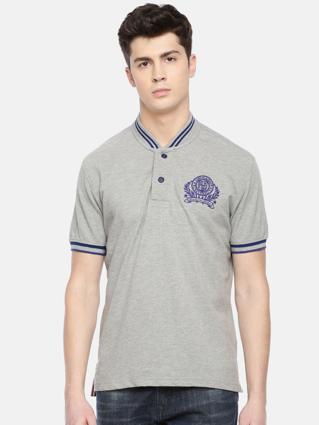 John Players Men Grey Solid Slim Fit Mandarin Collar T-shirt