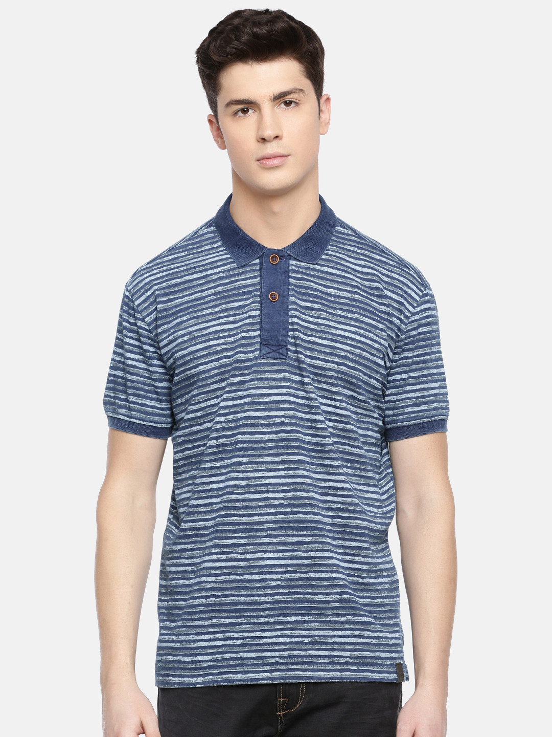 John Players Men Navy Blue  Charcoal Grey Slim Fit Striped Polo Collar Pure Cotton T-shirt