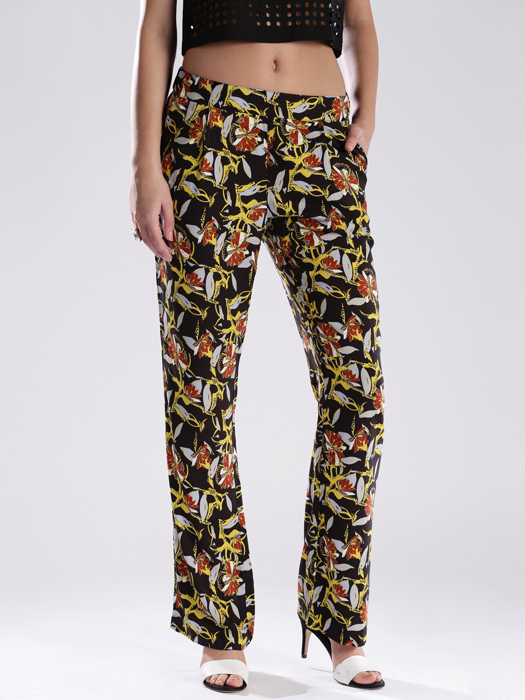 Sisley Black & Yellow Printed Casual Trousers