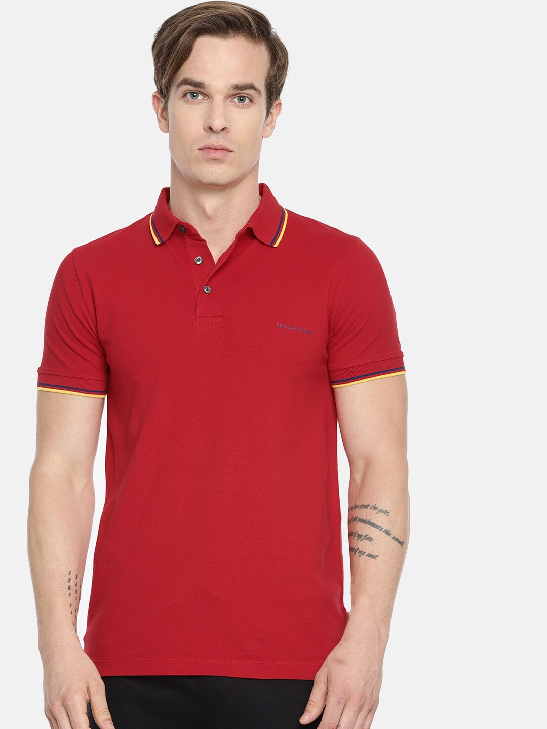 Fruit of the loom Men Red Solid Polo Collar Pure Cotton T-shirt