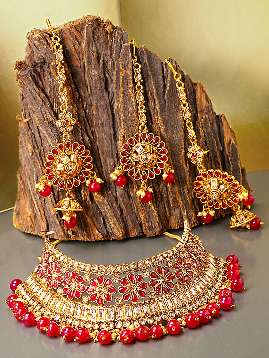 damani Gold Toned Red Beads Studded Jewellery Set