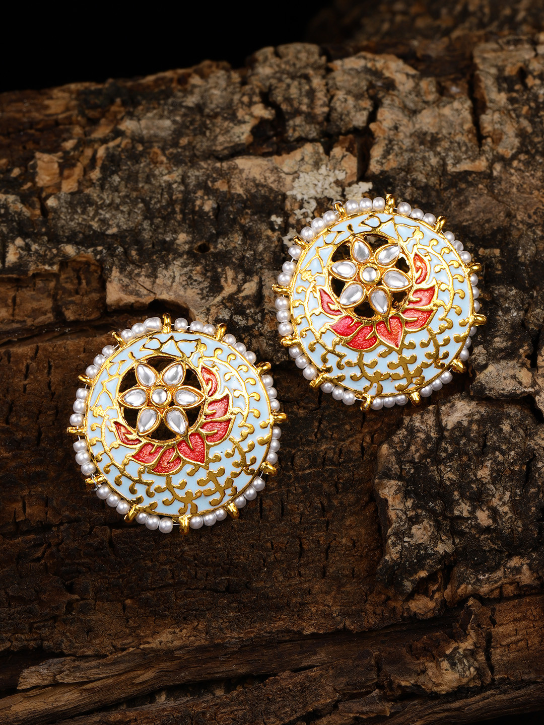 Zaveri Pearls Gold-Toned & White Enamelled Over-sized Circular Studs