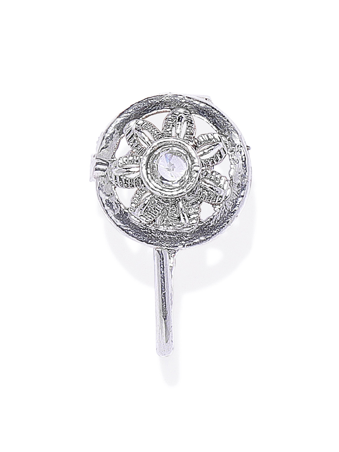 AccessHer Silver-Plated Textured Oxidised Handcrafted CZ-Studded Nosepin