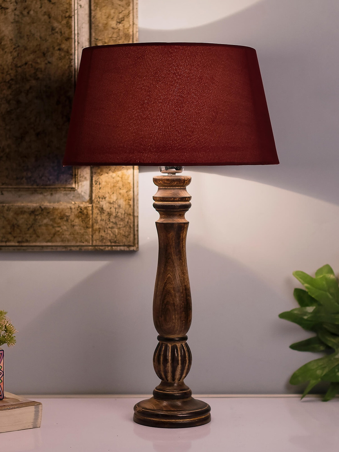 Homesake Brown & Red Solid Bedside Standard Table Lamp with Shade