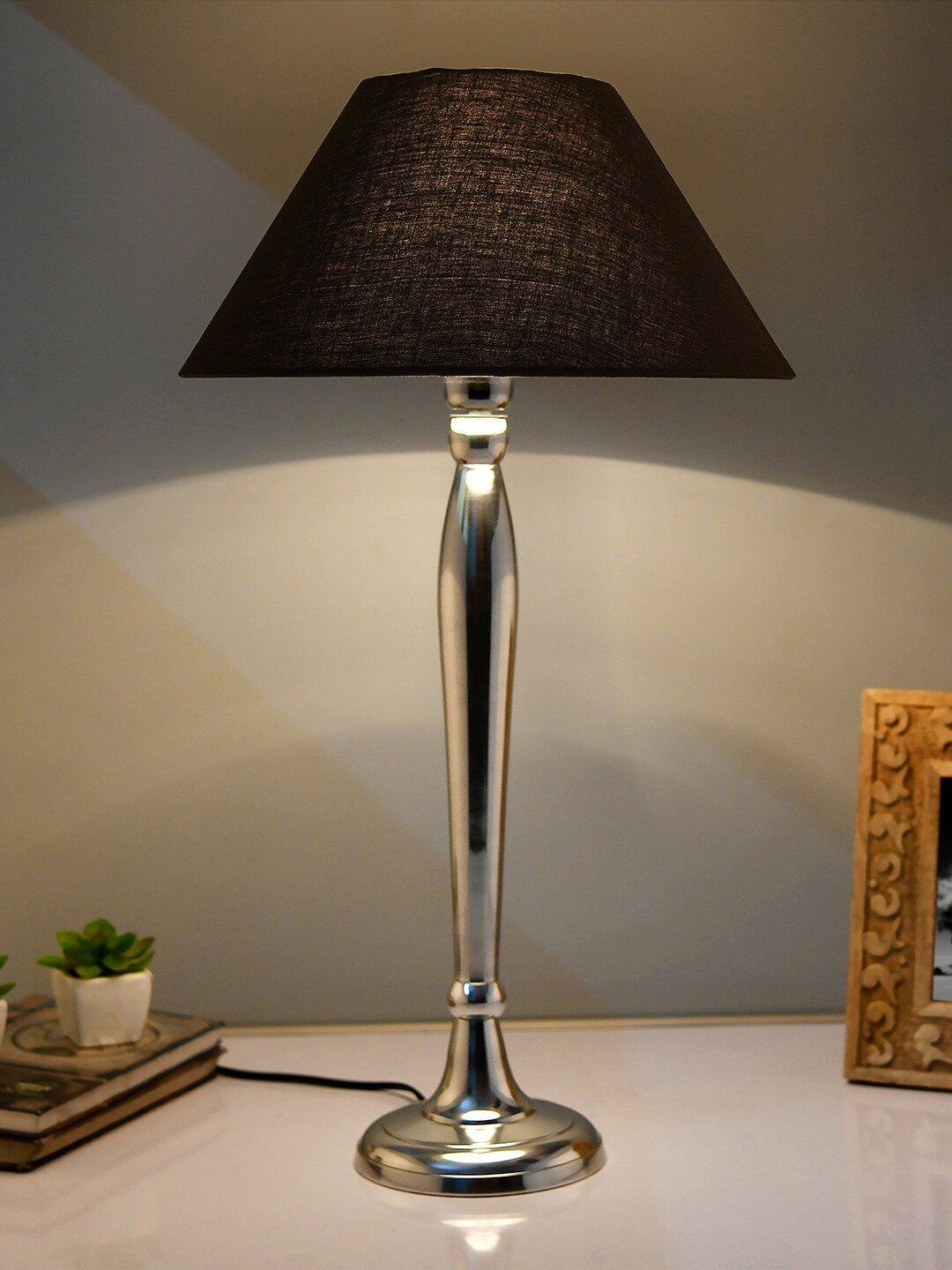Homesake Silver-Toned & Navy Blue Solid Royal Ovoid Chrome Handcrafted Table Lamp & Shade