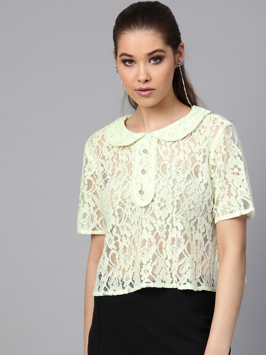 STREET 9 Women Mint Green Lace Sheer Boxy Top