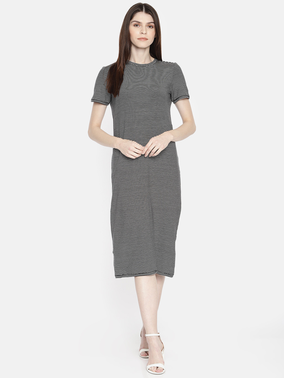 Vero Moda Women Black & White Striped T-shirt Midi Dress