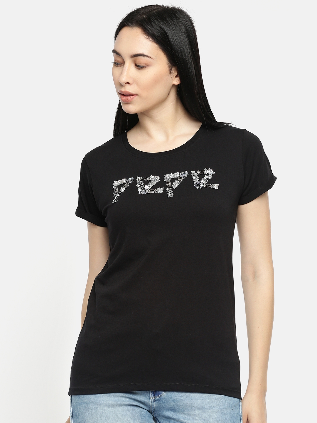 Buy Pepe Jeans Women Black Embellished Round Neck Pure Cotton T Shirt -  Tshirts for Women 9025127 | Myntra | T-Shirts