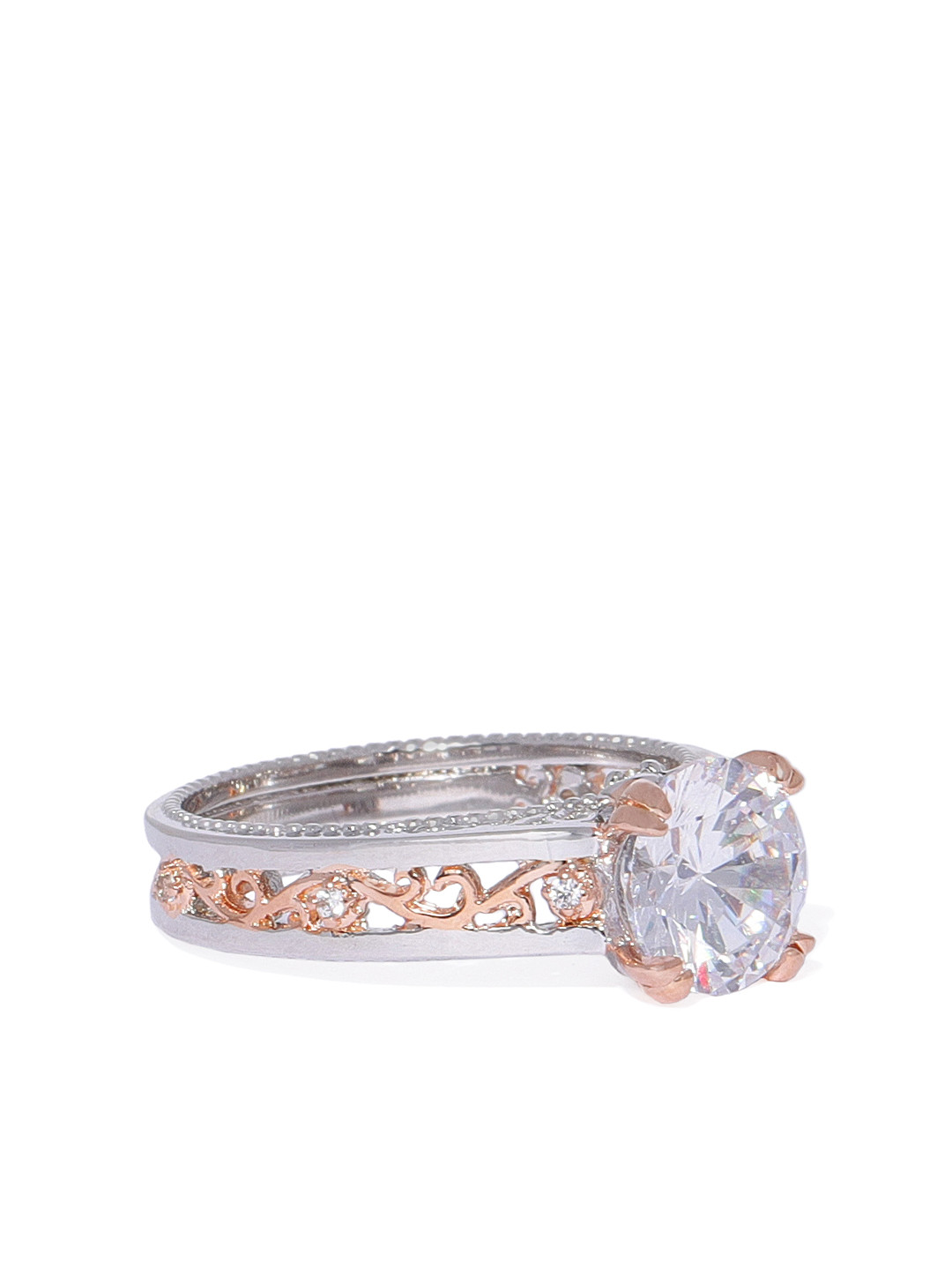 Peora Women Silver-Plated Two Toned Stylish Party Wear Solitaire Ring