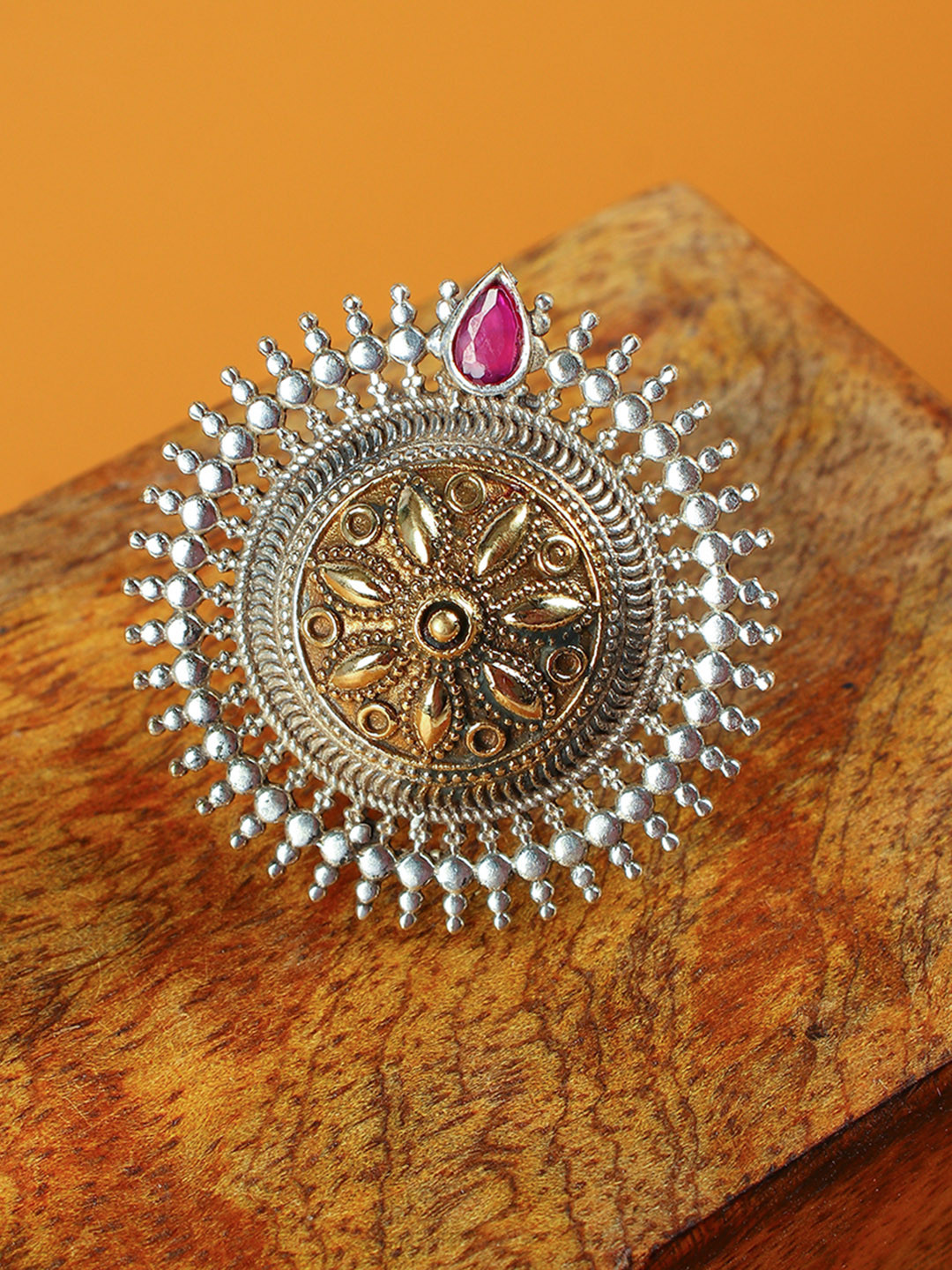 Peora Women Silver-Plated Antique Boho Vintage Oxidised Statement Adjustable Ring