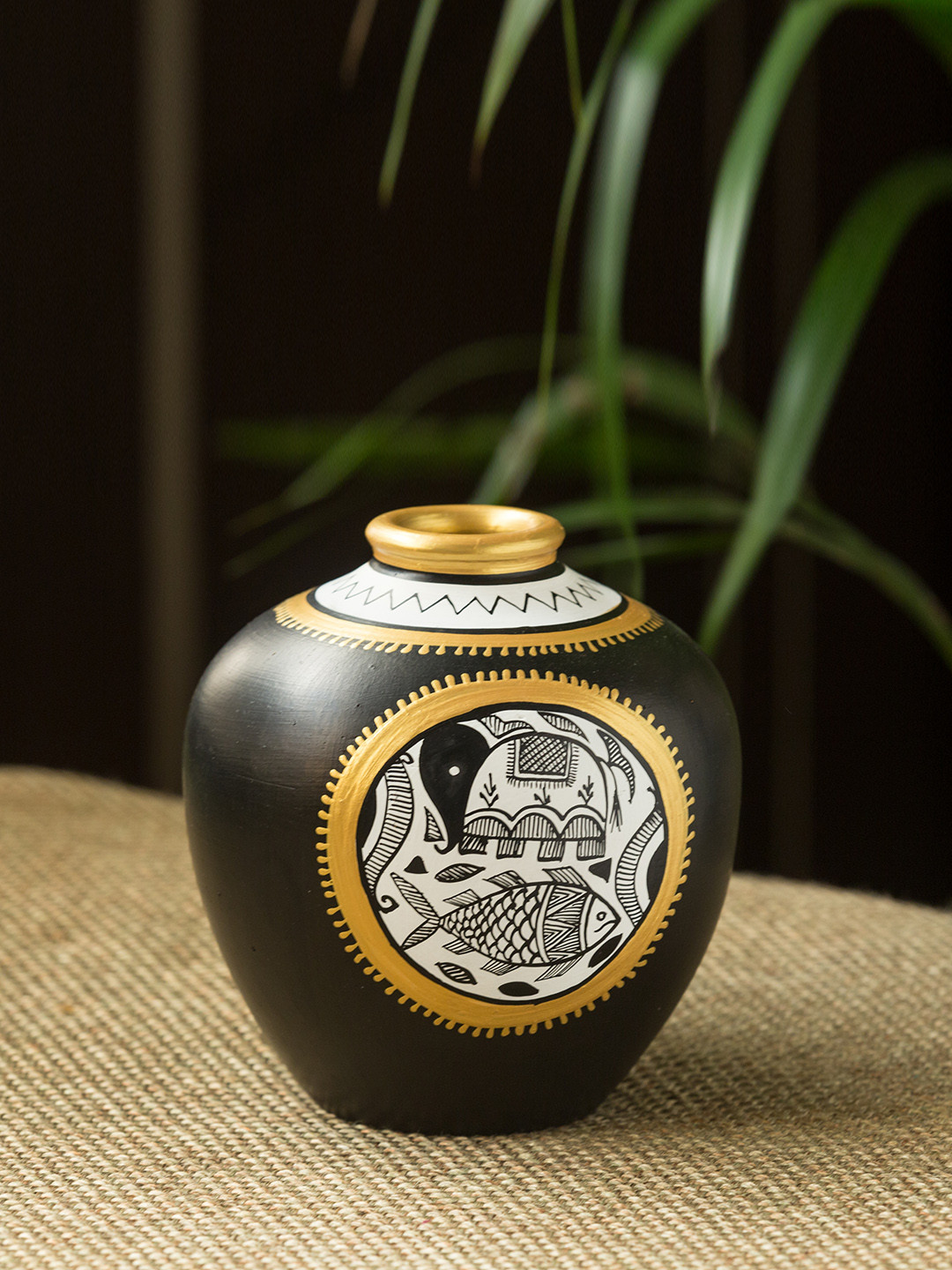ExclusiveLane Black & Gold-Toned Madhubani Hand-Painted Teracotta Vase