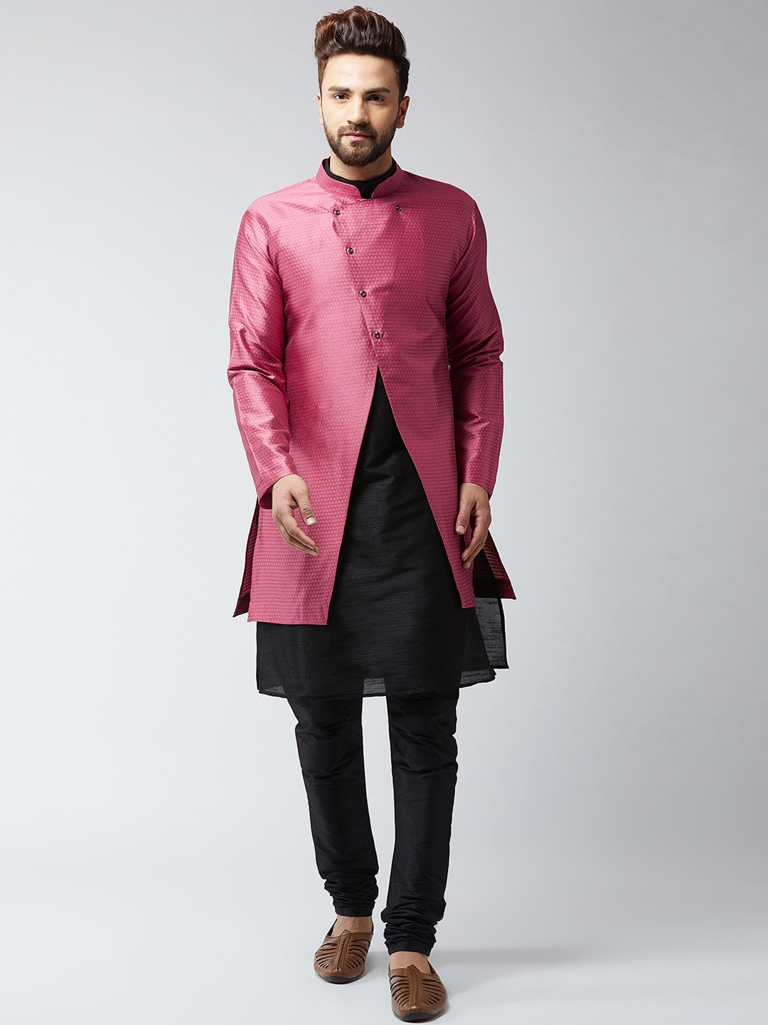 Buy DEYAAN Men Pink & Black Silk Blend Self Design Sherwani With ...
