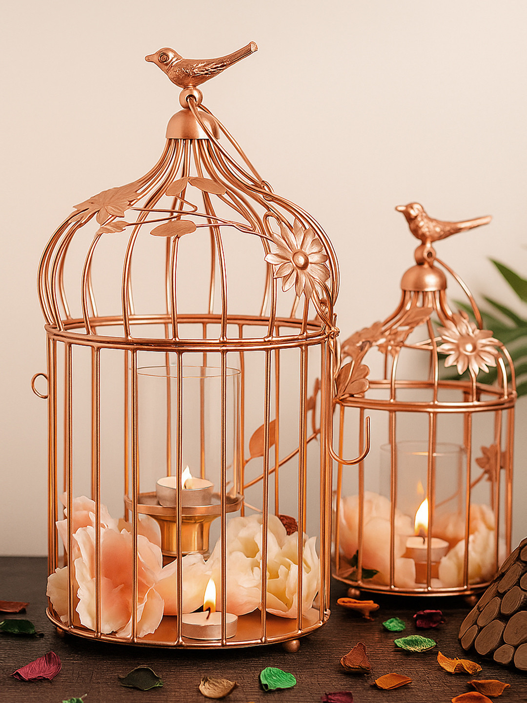 Homesake Bird Cage with Floral Vin Copper Metal Metallic Living Room Set of 2 Large Showpieces - 30.7 Inches