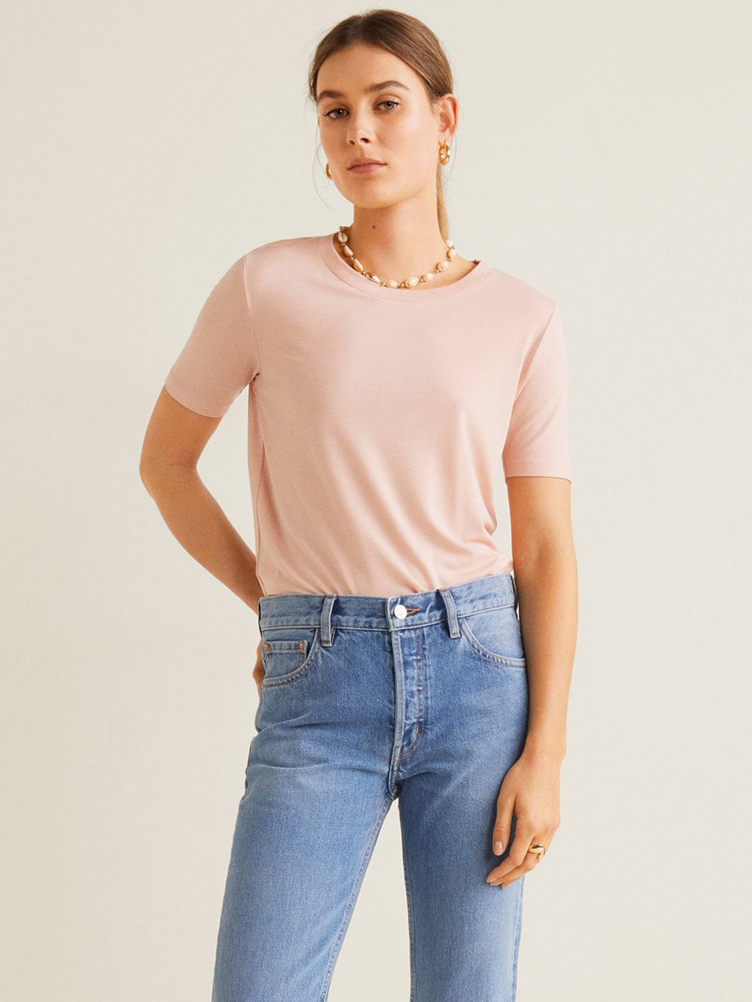 MANGO Women Peach-Coloured Solid Round Neck T-shirt