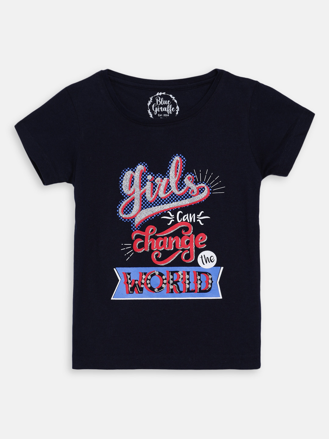 Blue Giraffe Girls Navy Blue Printed Round Neck T-shirt