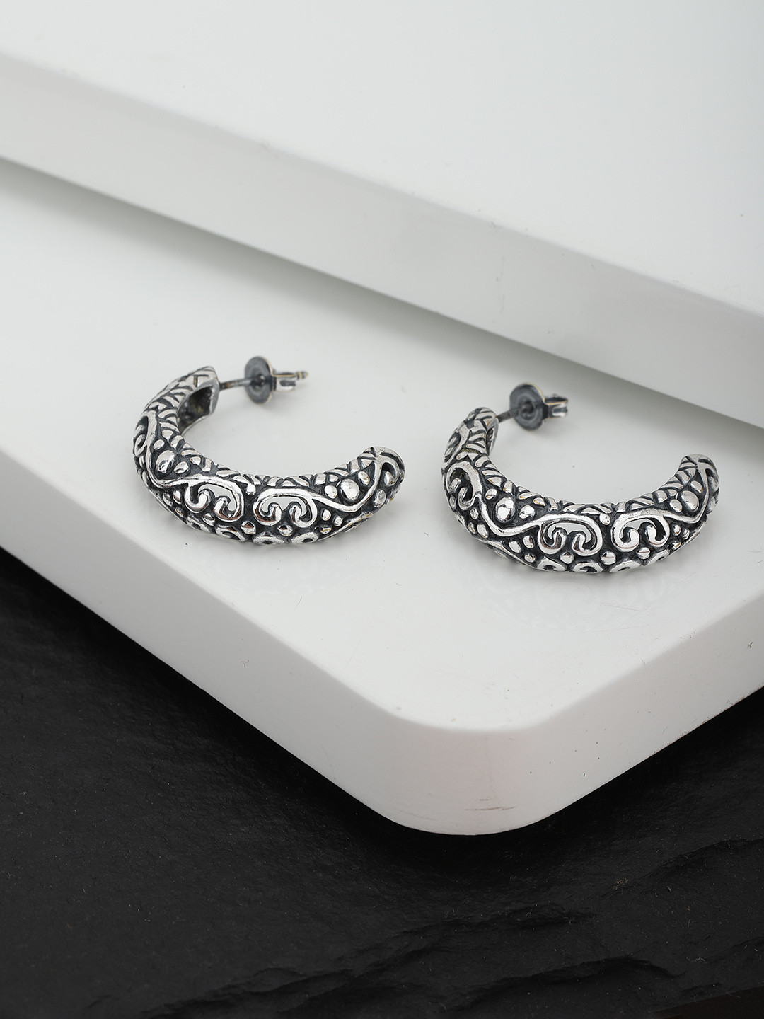 Carlton London Oxidised Silver-Plated Crescent Shaped Half Hoop Earrings