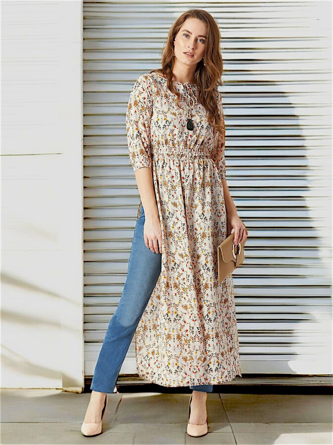 Miss Chase Women Peach-Coloured Floral Pleated Maxi Top