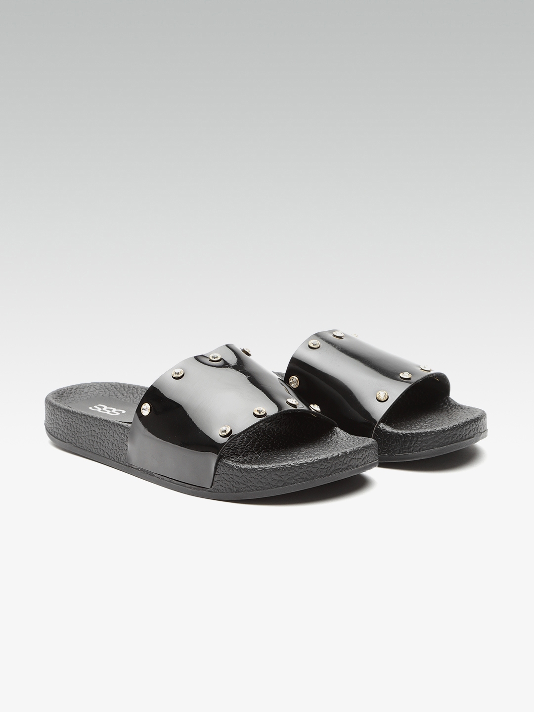 Street Style Store Women Black Sliders with Stone Studded Detail